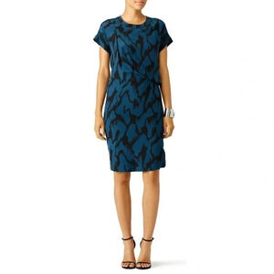 By Marlene Birger Teal and Black Knee Length 100% Silk Dress Sz US 4